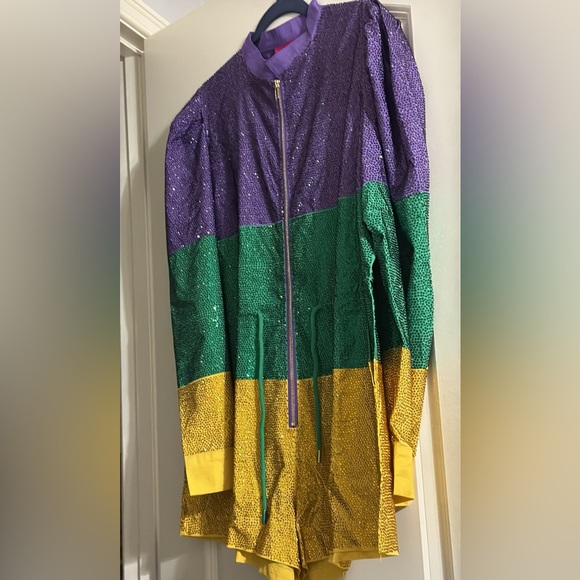 QUEEN OF SPARKLES Sequin Colorblock Jumpsuit - Purple Green & Gold